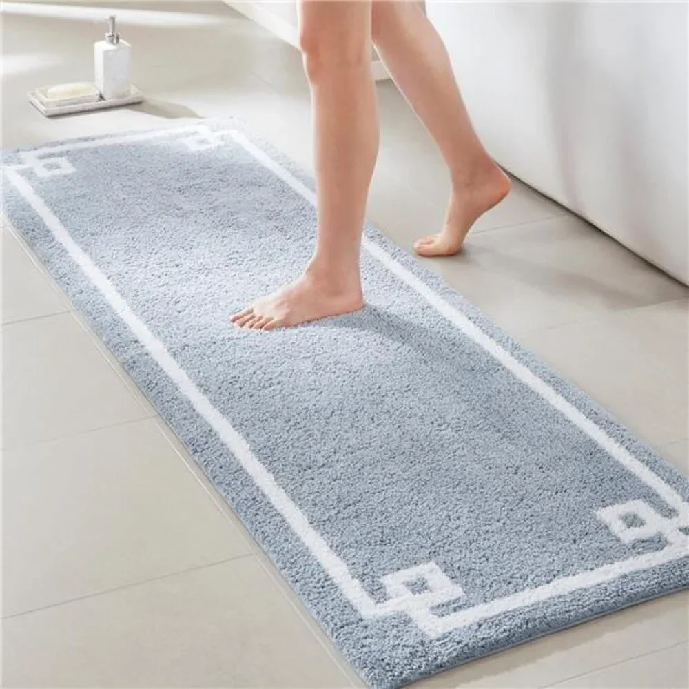 Cotton Bathroom Rug Non Slip Plush Absorbent Bath Mat Quick Dry Spa Design Blue